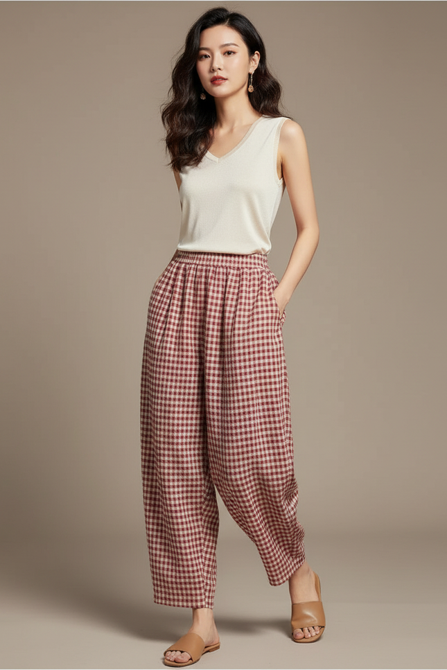 Pantalon Baggy Carreaux Rouge Coton Ample Confortable