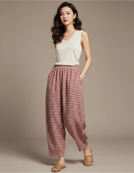 Pantalon Baggy Carreaux Rouge Coton Ample Confortable