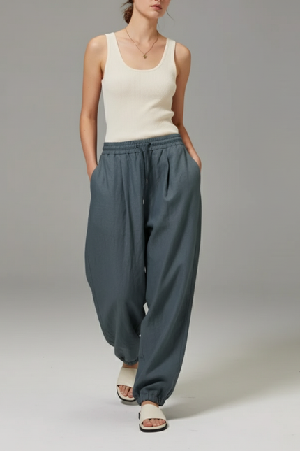 Pantalon Baggy Gris Bleu Lin Ample Fluide Décontracté