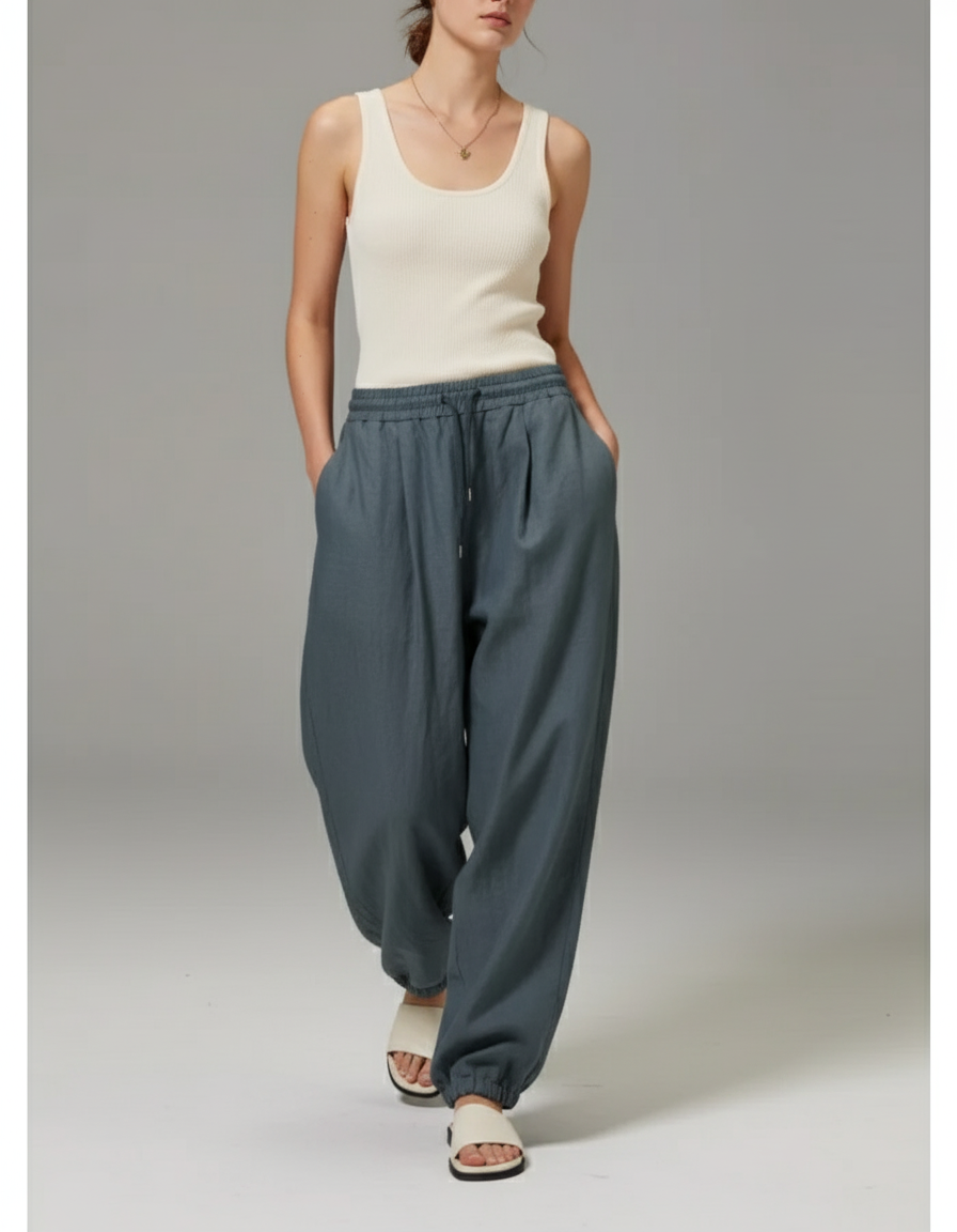 Pantalon Baggy Gris Bleu Lin Ample Fluide Décontracté