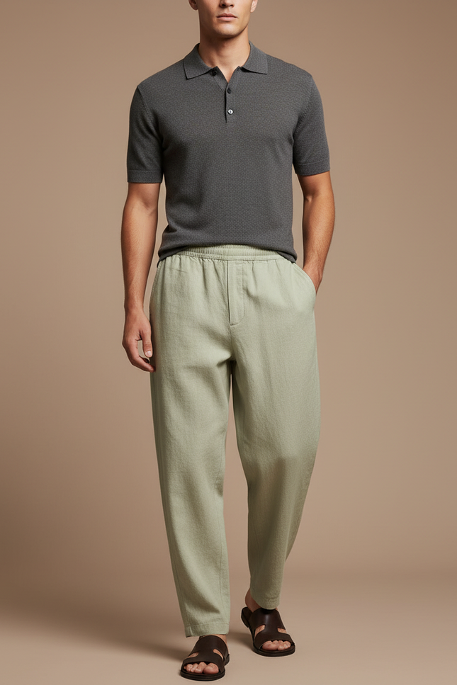Pantalon Baggy Vert Lin Ample Décontracté Homme