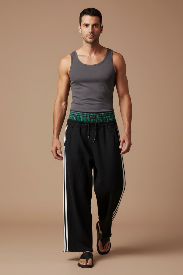 Pantalon Baggy Noir Rayures Blanches Large Décontracté - Molleton