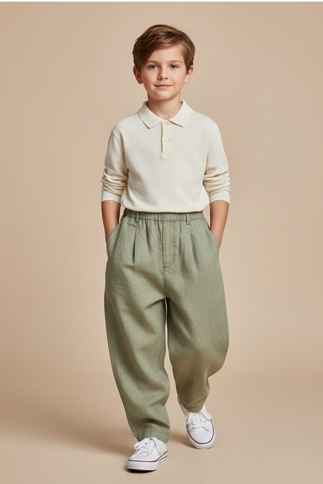 Pantalon Baggy Vert Olive Ample Lin Plissé Enfant - Kaki