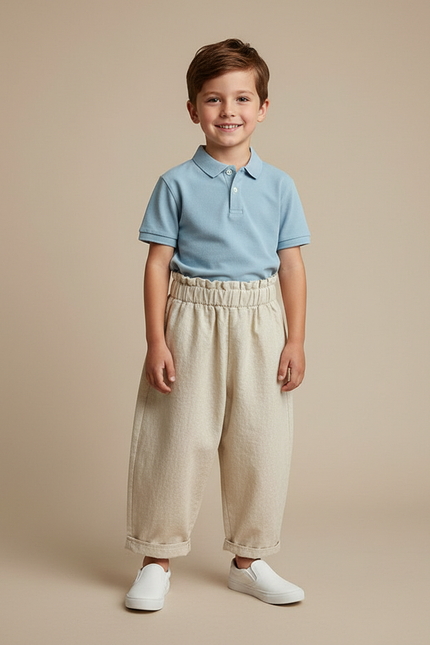 Pantalon Baggy Garçon Beige Taille Élastique Toile
