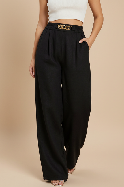 Pantalon Baggy Noir Ample Chaîne Dorée Fluide Femme - Viscose