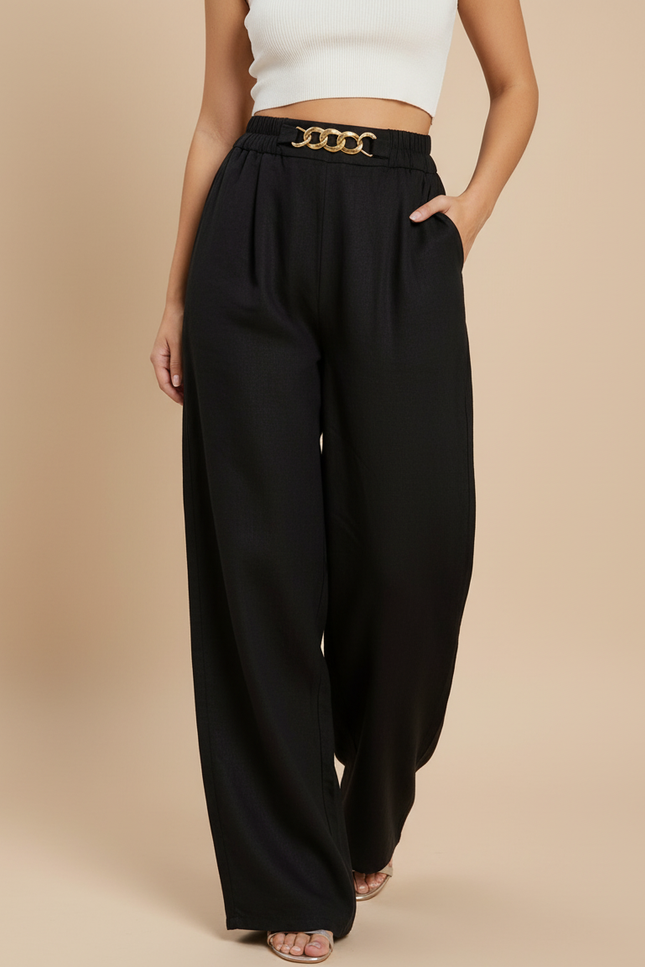 Pantalon Baggy Noir Ample Chaîne Dorée Fluide Femme - Viscose
