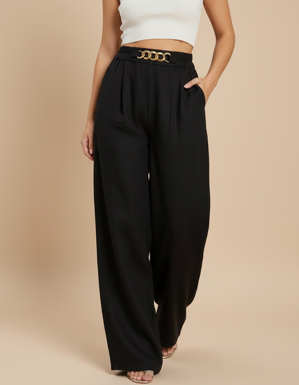 Pantalon Baggy Noir Ample Chaîne Dorée Fluide Femme - Viscose