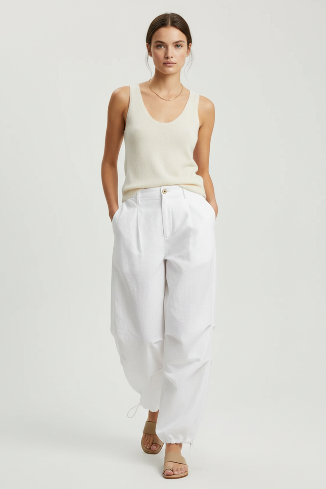 Pantalon Baggy Blanc Ample Fluide Cordon Décontracté - Toile