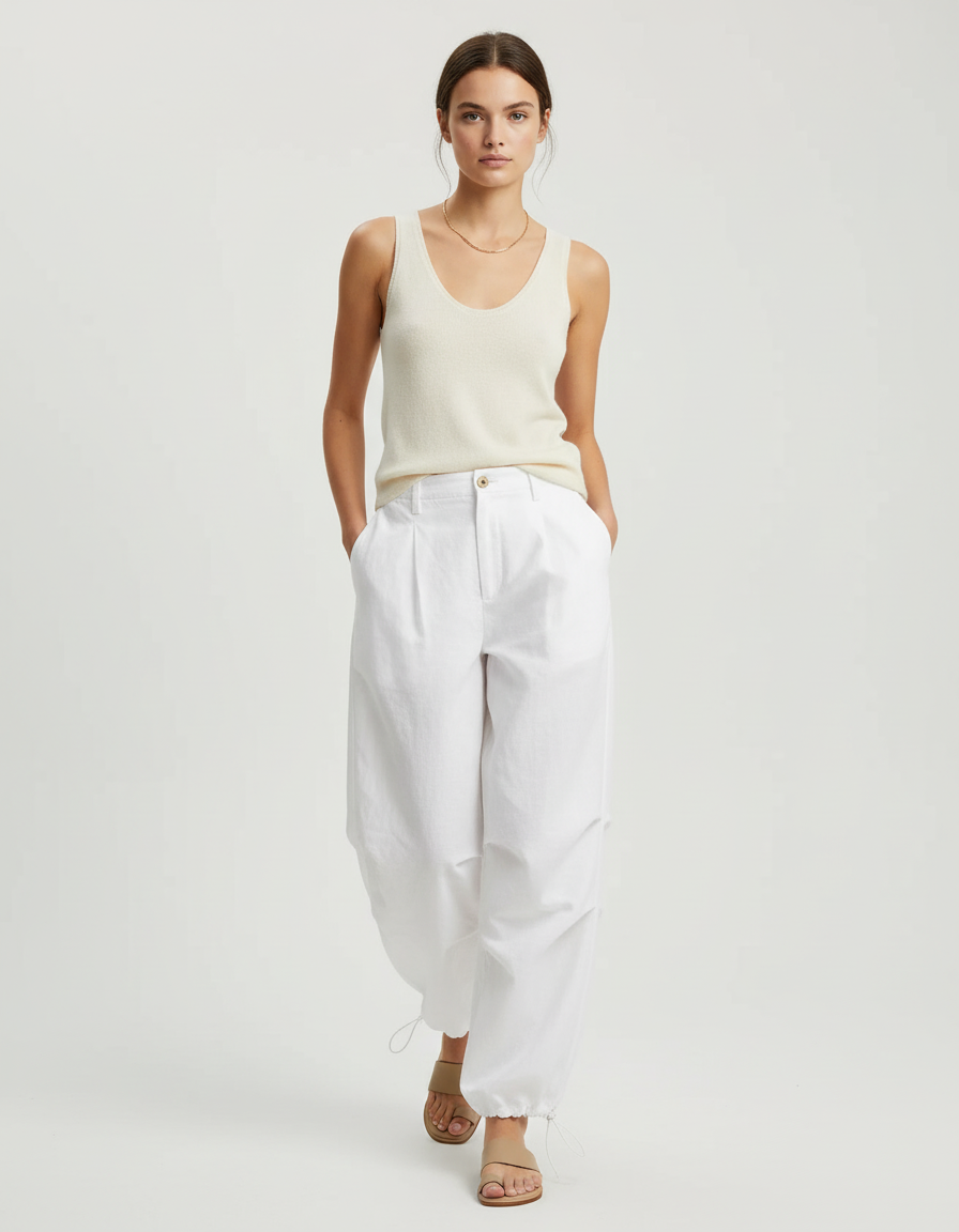 Pantalon Baggy Blanc Ample Fluide Cordon Décontracté - Toile