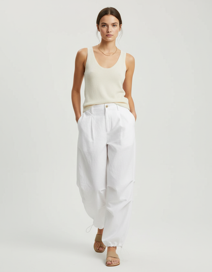 Pantalon Baggy Blanc Ample Fluide Cordon Décontracté - Toile