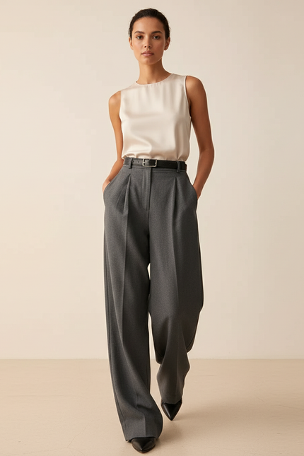 Pantalon Baggy Gris Plissé Ample Élégant Femme - Laine