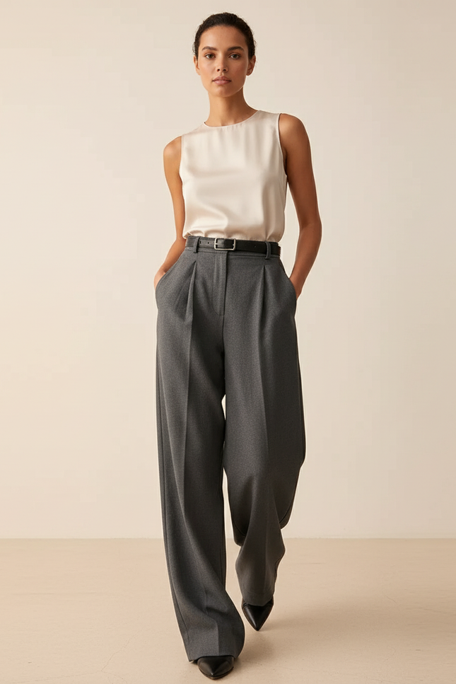 Pantalon Baggy Gris Plissé Ample Élégant Femme - Laine