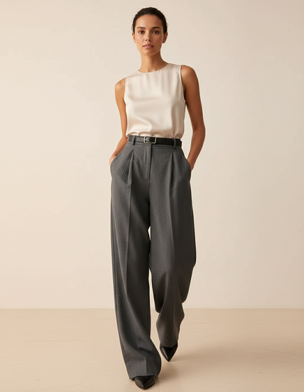 Pantalon Baggy Gris Plissé Ample Élégant Femme - Laine