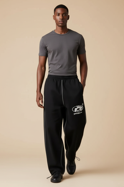 Pantalon Baggy Noir Ample Brodé Décontracté Jogging - Molleton