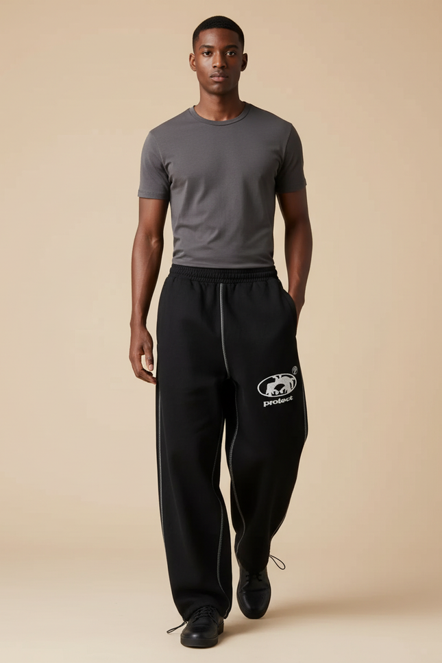 Pantalon Baggy Noir Ample Brodé Décontracté Jogging - Molleton