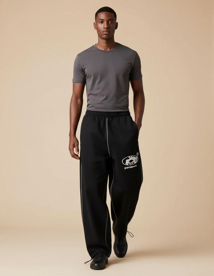 Pantalon Baggy Noir Ample Brodé Décontracté Jogging - Molleton