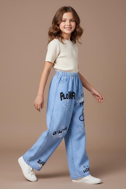 Pantalon Baggy Denim Clair Imprimé Décontracté Fille - Bleu Jean