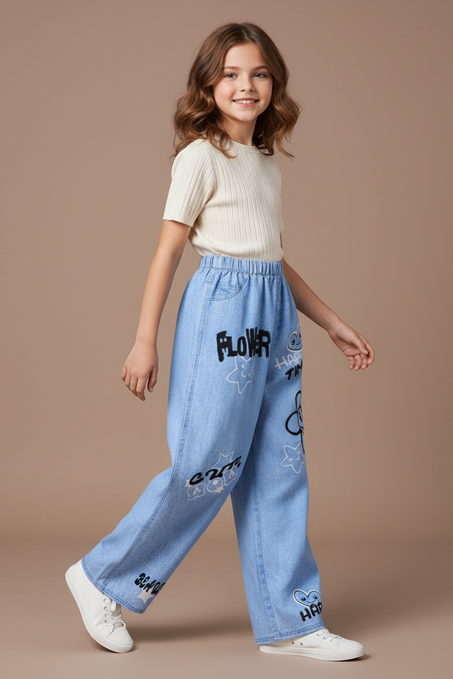 Pantalon Baggy Denim Clair Imprimé Décontracté Fille - Bleu Jean