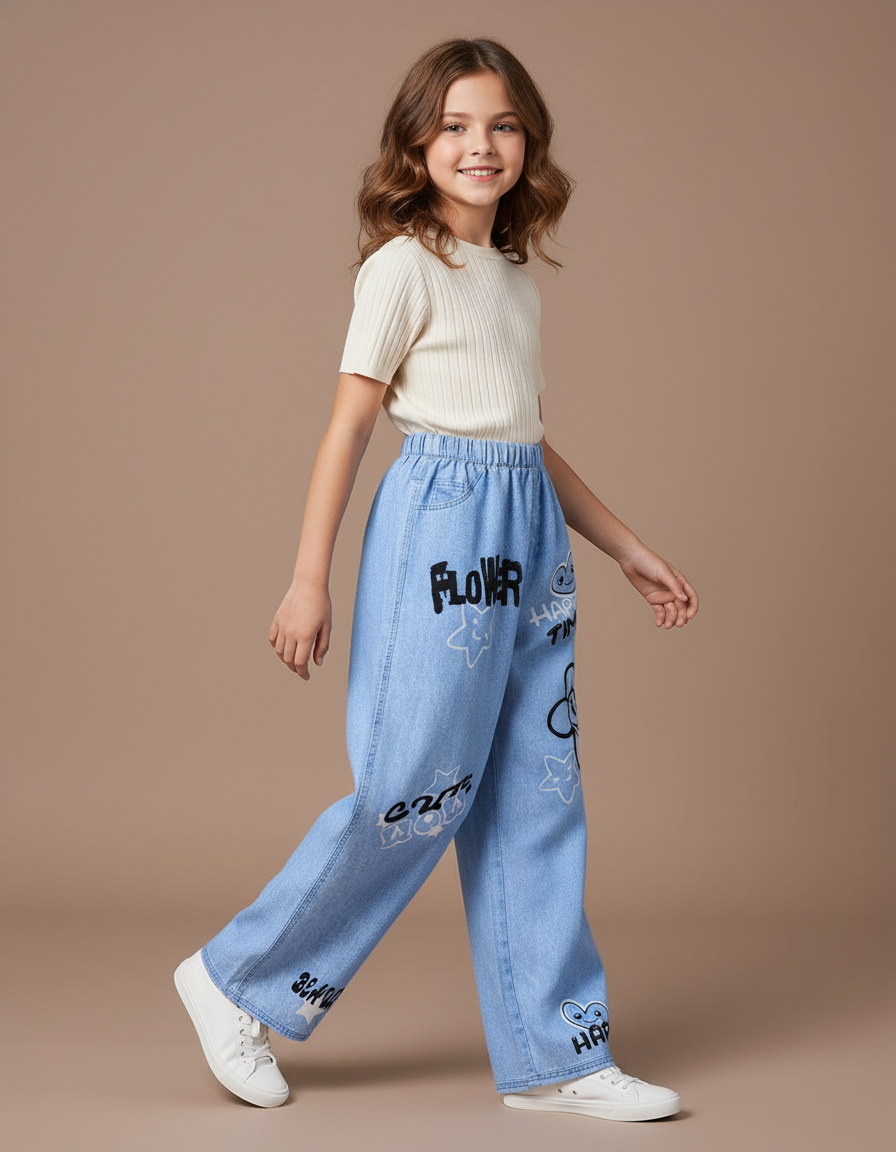 Pantalon Baggy Denim Clair Imprimé Décontracté Fille - Bleu Jean