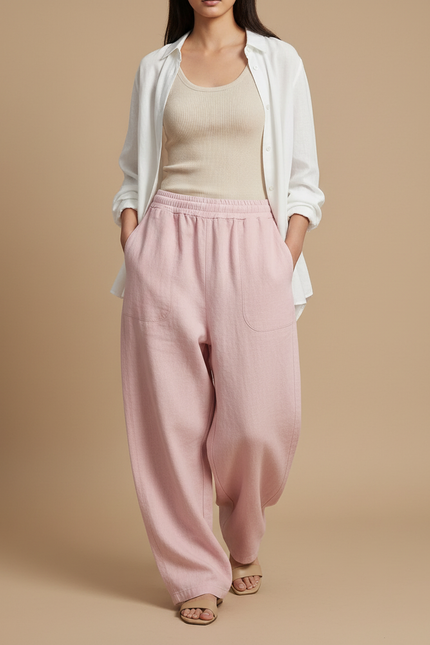 Pantalon Baggy Rose Ample Décontracté Fluide Femme - Lin
