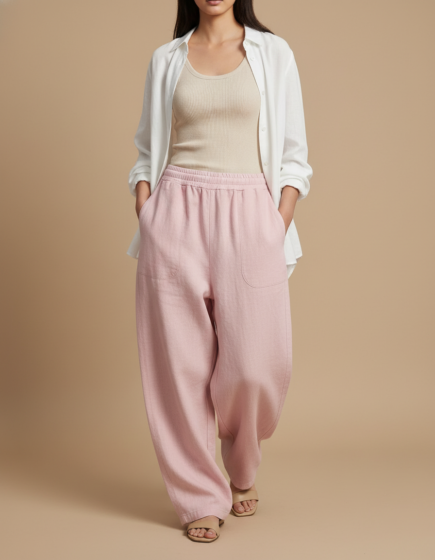 Pantalon Baggy Rose Ample Décontracté Fluide Femme - Lin