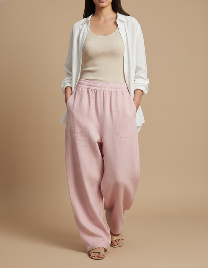 Pantalon Baggy Rose Ample Décontracté Fluide Femme - Lin