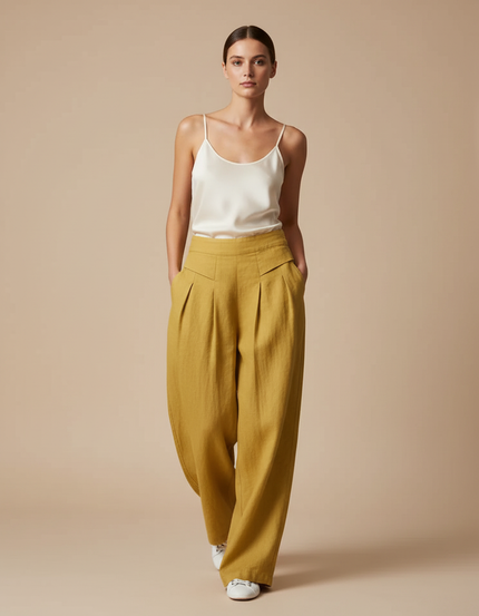 Pantalon Baggy Moutarde Lin Plissé Ample Femme - Jaune