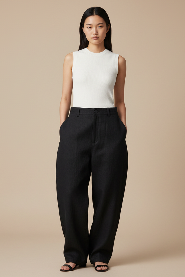 Pantalon Baggy Noir Ample Taille Haute Femme - Lin