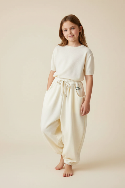 Pantalon Baggy Molletonné Écru Ample Confortable Fille - Beige
