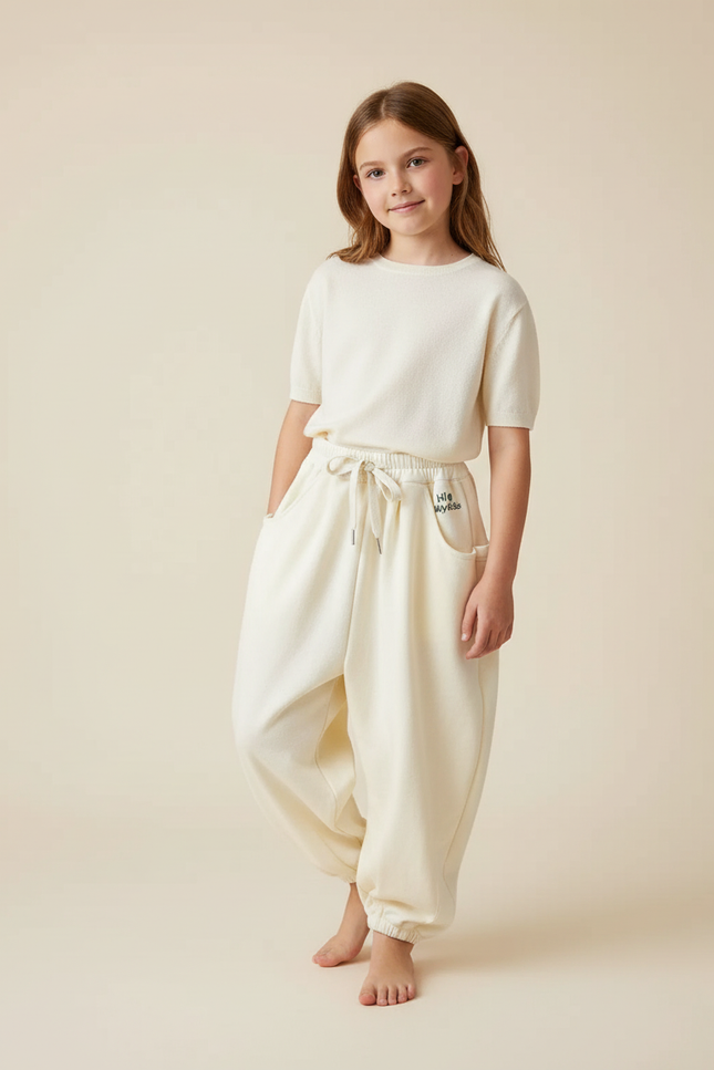 Pantalon Baggy Molletonné Écru Ample Confortable Fille - Beige