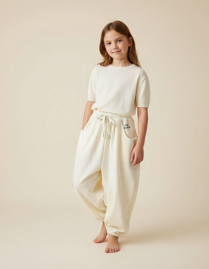 Pantalon Baggy Molletonné Écru Ample Confortable Fille - Beige