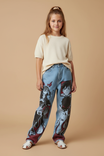 Pantalon Baggy Denim Imprimé Anime Harajuku Unisexe - Bleu Jean