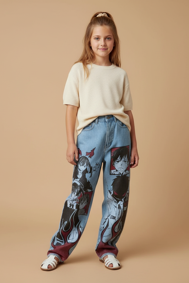 Pantalon Baggy Denim Imprimé Anime Harajuku Unisexe - Bleu Jean