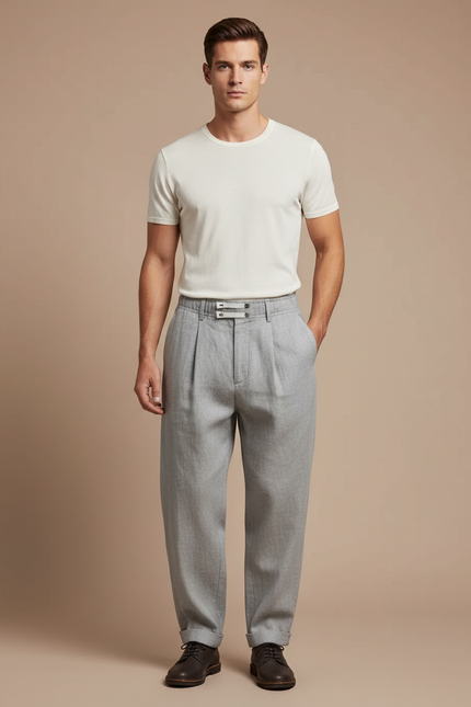 Pantalon Baggy Gris Plissé Décontracté Homme - Laine