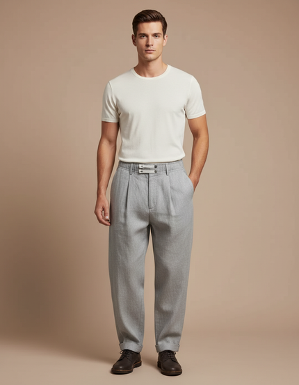 Pantalon Baggy Gris Plissé Décontracté Homme - Laine