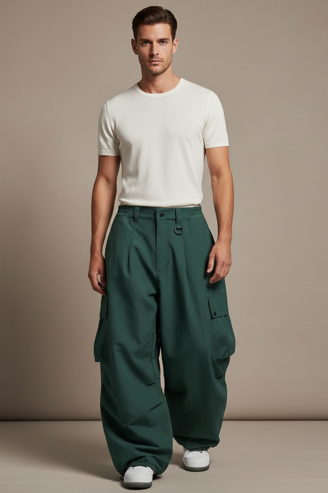 Pantalon Baggy Vert Ample Cargo Plissé Homme - Gabardine