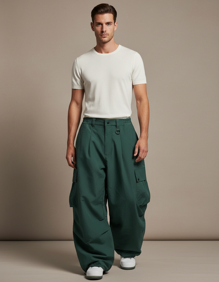 Pantalon Baggy Vert Ample Cargo Plissé Homme - Gabardine