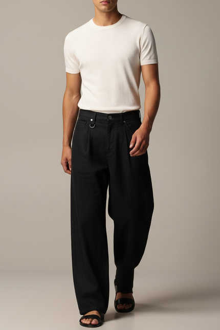 Pantalon Baggy Noir Ample Plissé Décontracté Homme - Gabardine