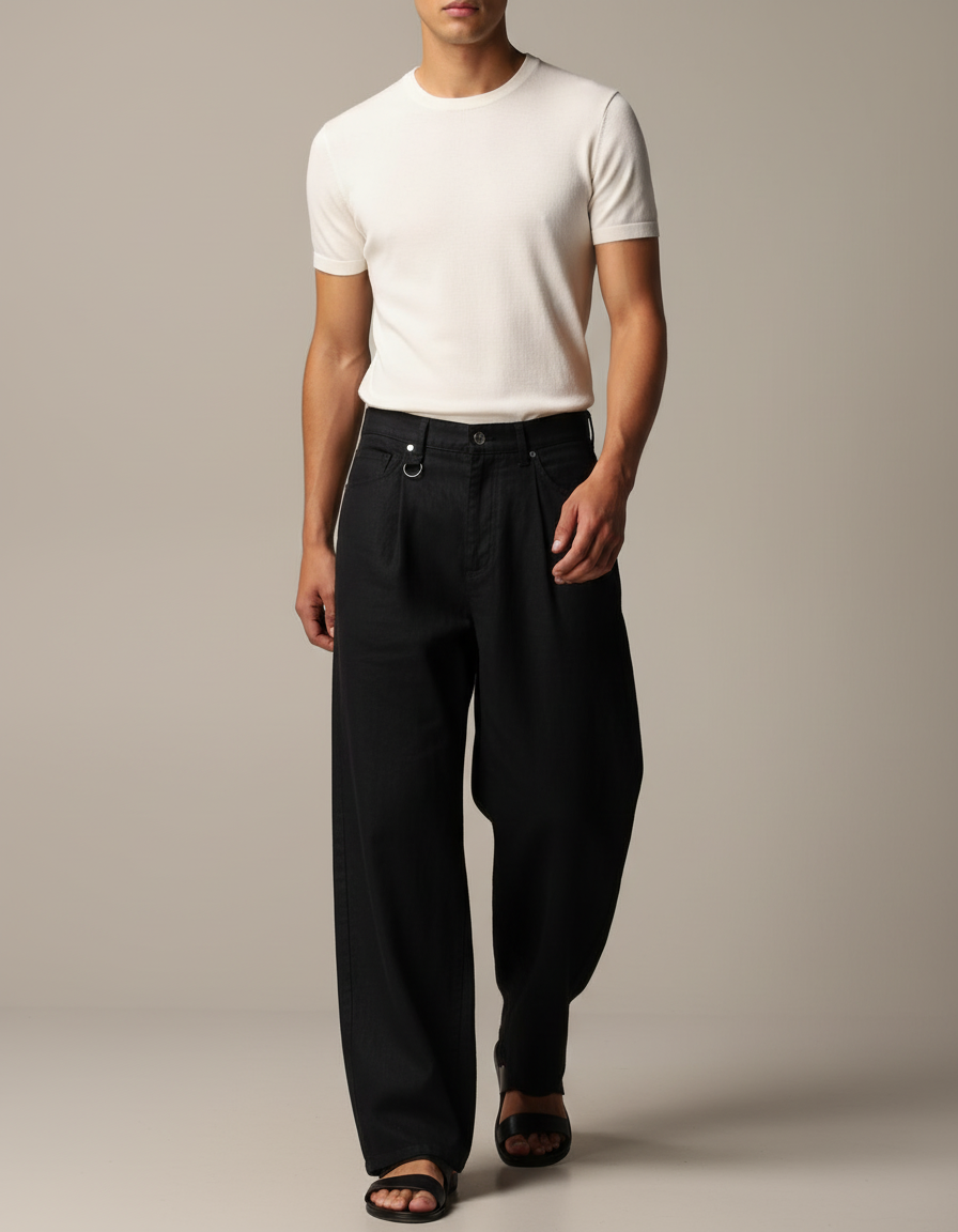 Pantalon Baggy Noir Ample Plissé Décontracté Homme - Gabardine