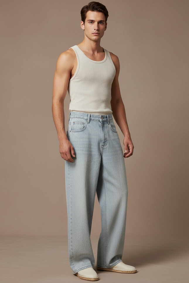 Pantalon Baggy Bleu Clair Ample Délavé Denim Homme - Jean