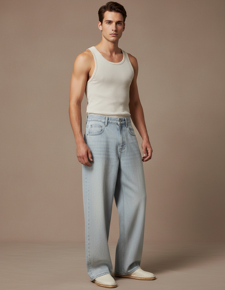 Pantalon Baggy Bleu Clair Ample Délavé Denim Homme - Jean