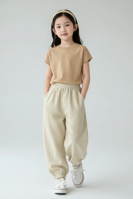 Pantalon Baggy Beige Ample Élastiqué Coton Enfant