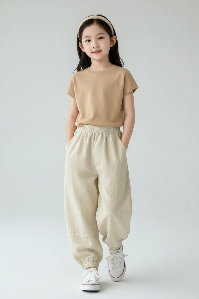 Pantalon Baggy Beige Ample Élastiqué Coton Enfant