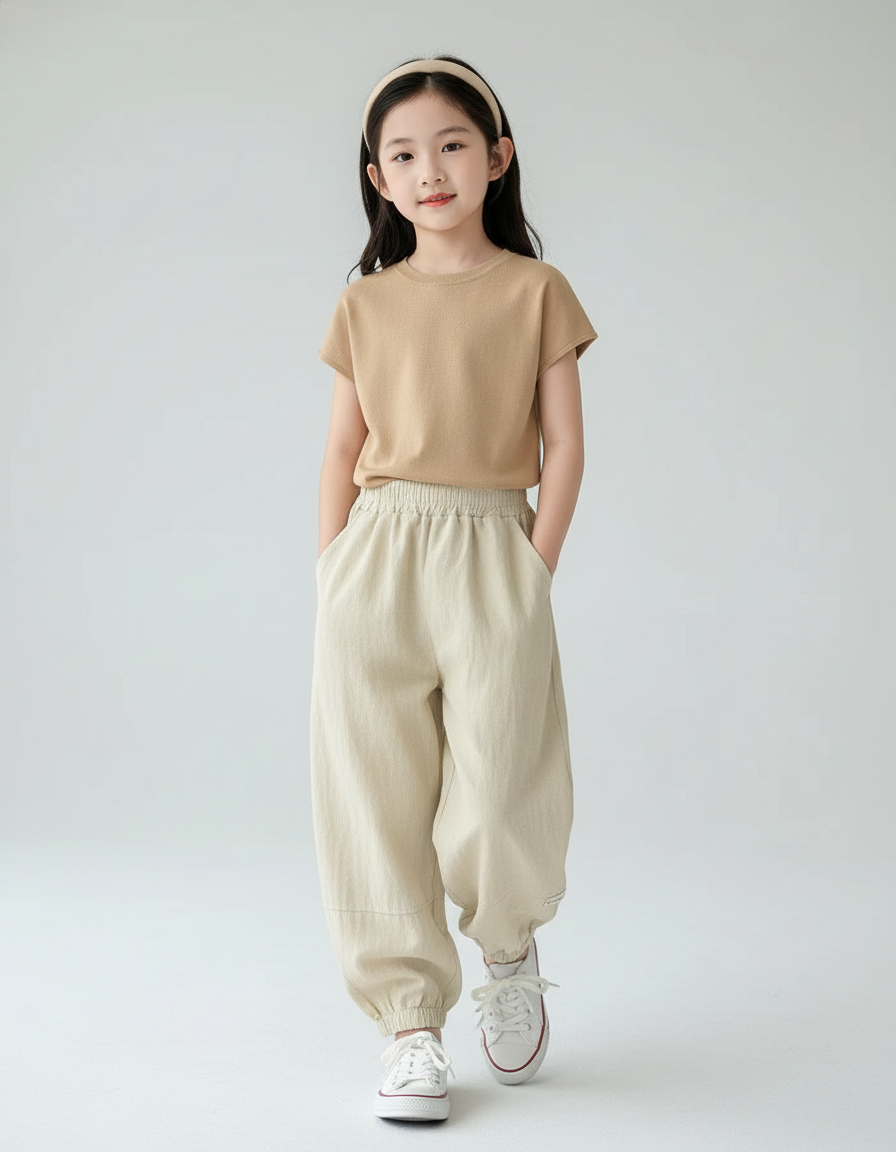 Pantalon Baggy Beige Ample Élastiqué Coton Enfant