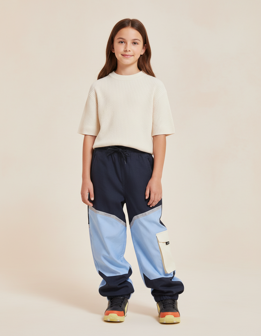 Pantalon Baggy Bleu Marine Clair Patchwork Réfléchissant Enfant - Multicolore Polyester