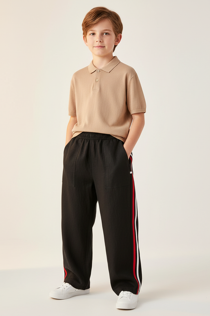 Pantalon Baggy Noir Rayures Rouges Blanches Décontracté - Lin