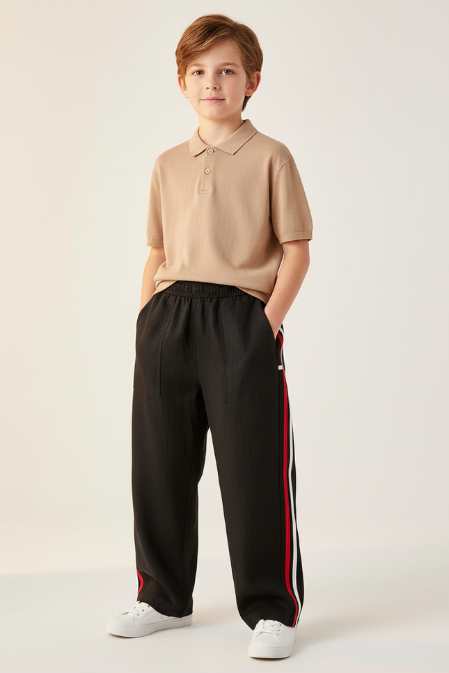 Pantalon Baggy Noir Rayures Rouges Blanches Décontracté - Lin