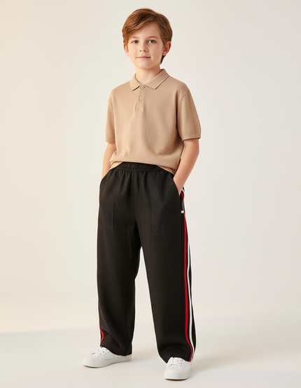 Pantalon Baggy Noir Rayures Rouges Blanches Décontracté - Lin