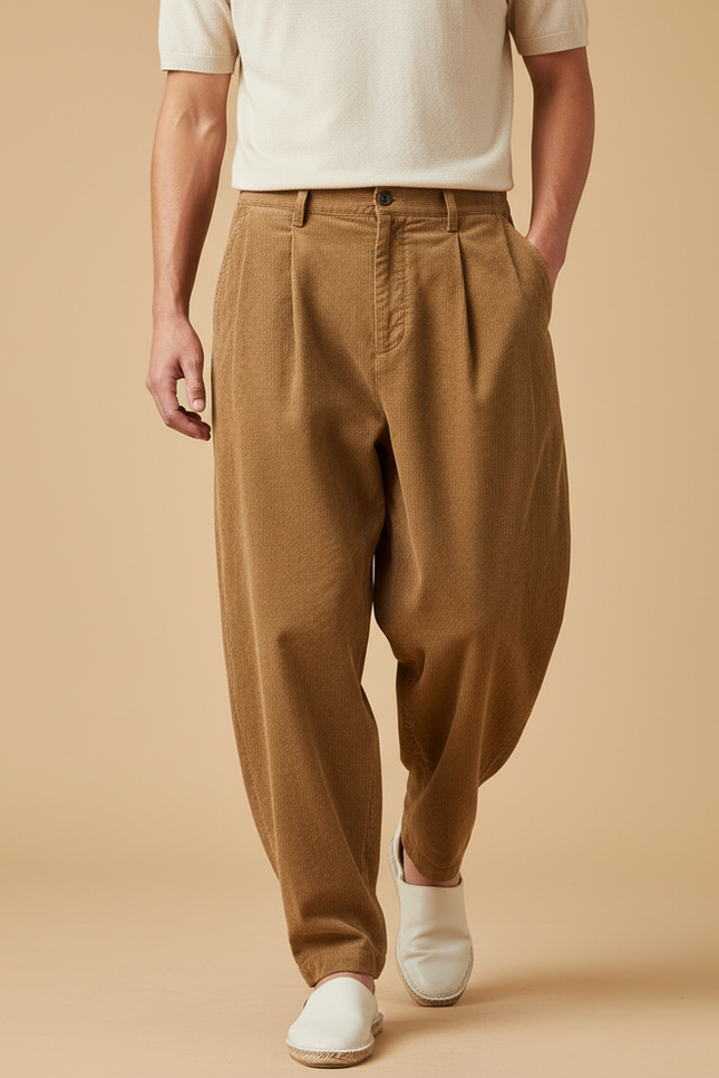 Pantalon Baggy Marron Côtelé Plissé Décontracté Homme - Cordé