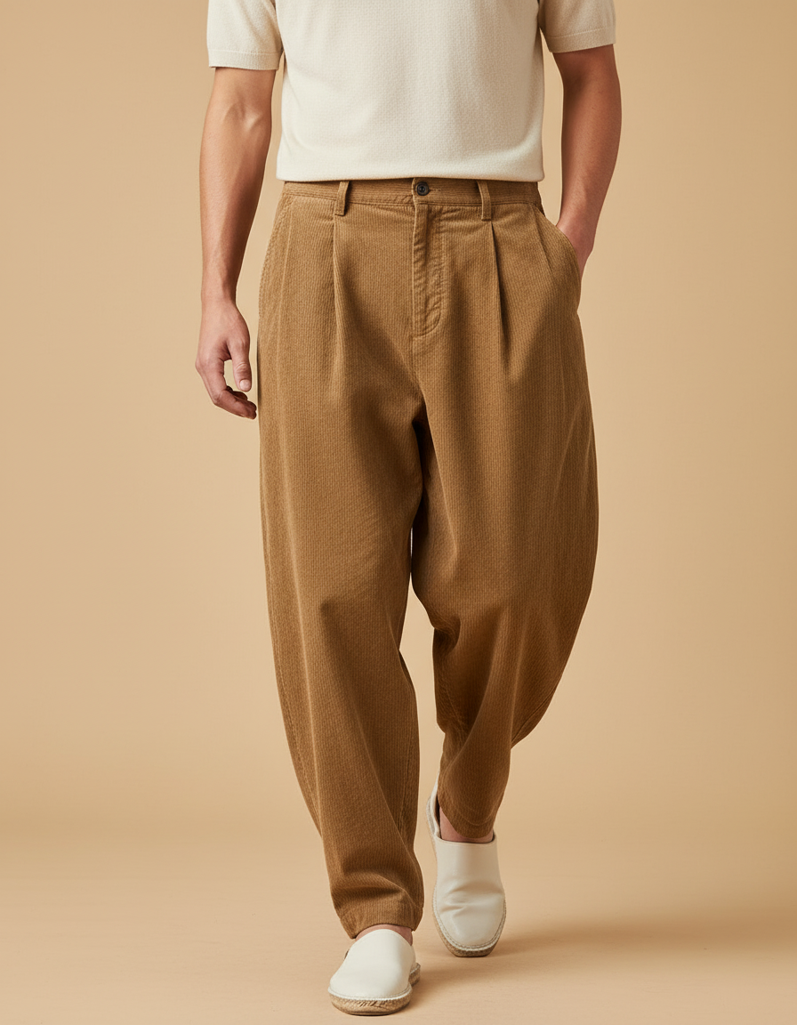 Pantalon Baggy Marron Côtelé Plissé Décontracté Homme - Cordé